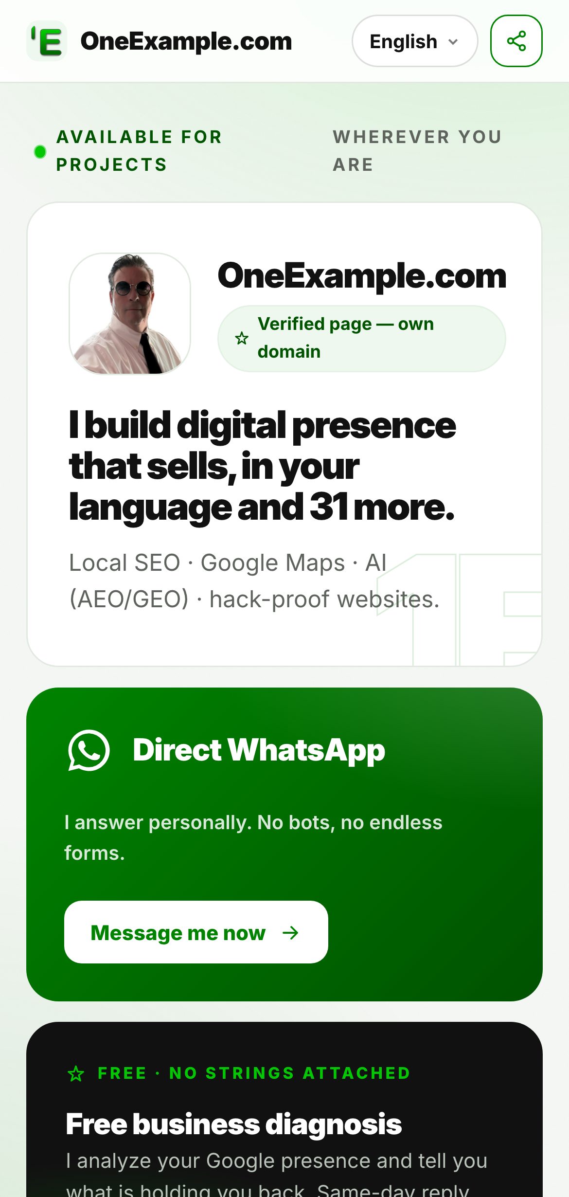 A real BIO page by OneExample.com open on a phone