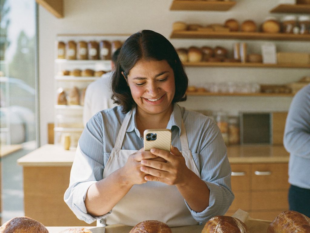 Bakery owner smiling at her phone as an AI assistant recommends her business