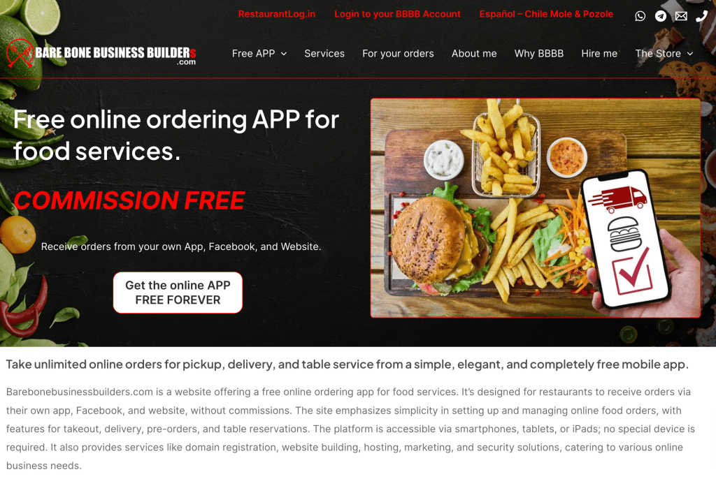 Bare Bone Business Builders WordPress website design for restaurants